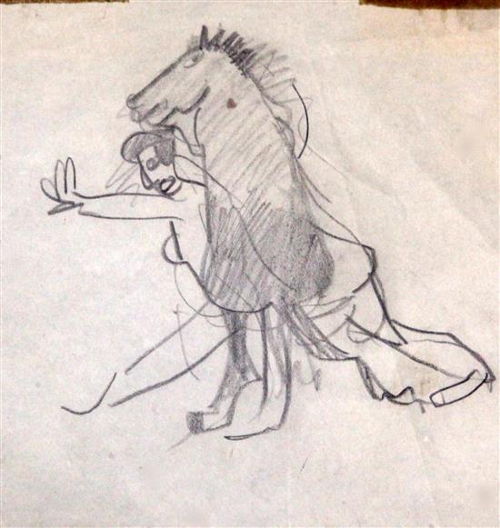 Attributed to Marc Chagall Man falling out of a circus horse, 7.5 x 7.5in.